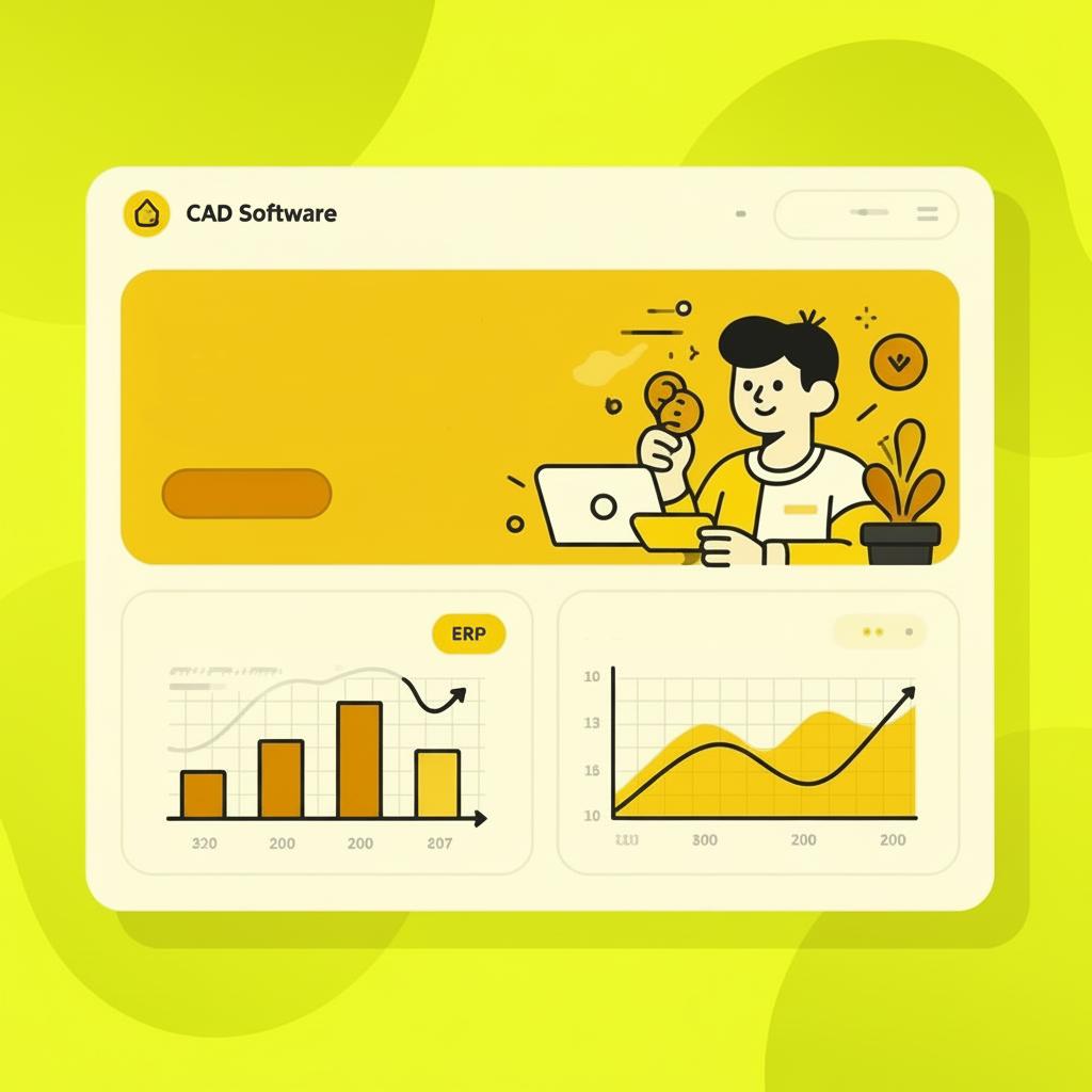 Ilustração de painel de software CAD com gráficos de ERP