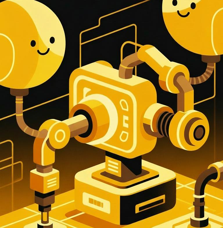Ilustração de braço robótico amarelo em ambiente industrial